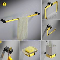 several pictures of different types of bathroom accessories including soap dispenser and towel rack