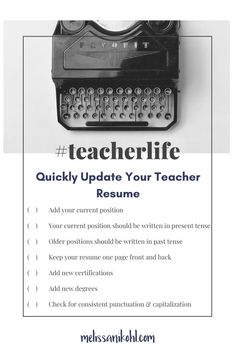 an old fashioned typewriter with the words,'teacherific quickly update your teacher resume '