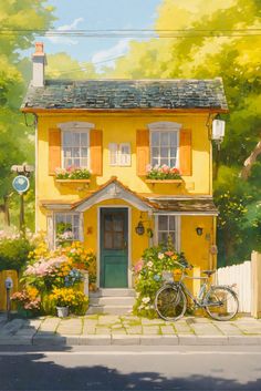 a painting of a yellow house with flowers on the front porch and bicycle parked outside