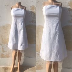 "How simple and beautiful is that! The totally white makes it divinely simple! Cotton strapless dress with some stretch fitted bust, fully lined with white satiny lining that ends to a tulle petticoat all around the finishing hem by creating a semi-full skirt from the mid '90s. Closes with a painted metal zipper up back. A bit fitted waistline, flared circle skirt that is enriched with a white tulle petticoat (You may also add one more petticoat if you have one and you want to give even more vol Tulle Petticoat, Mid 90s, Fifties Fashion, White Tulle, Painted Metal, Long Scarf, Vintage Store, Circle Skirt, Metal Zipper