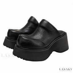 Lasaky - Thick-soled Leather Shoes with Vintage Appeal: Comfortable Wedge Heels and Platform Sandals Leather Platform Slippers With Wedge Heel, Casual Leather Wedge Sandals With Thick Bottom, Wedge Sandals With Thick Bottom And Round Toe, Spring Platform Slippers With Round Toe, Leather Wedge Sandals With Thick Bottom For Spring, Slip-on Synthetic Wedge Sandals With Round Toe, Spring Leather Wedge Sandals With Thick Bottom, Black Leather Wedge Heel Platform Slippers, Leather Wedge Sandals With Thick Bottom