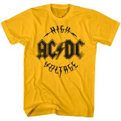 "AC/DC Men's T-Shirt by American Classics Part Scottish, part Aussie, 100% High Voltage Rock Legends! Formed in Sydney in 1973, AC/DC went from Dirty Deeds Done Dirt Cheap on the Highway to Hell to Back to Black in The Flick of the Switch! They have sold over 200 million albums worldwide and they are still working on new music. Wear some rock history, this cool AC/DC graphic t-shirt is vintage style print with a distressed look as if you bought it at an AC/DC Concert Tour in the 80's What's incl Acdc Logo, Acdc Shirt, Logo Yellow, Rock Band Tees, Classic Rock Bands, Gold Shirt, Heavy Metal Rock, Yellow Shirts, Tee Shirt Homme