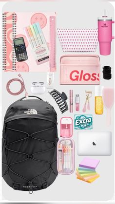 the contents of a backpack are shown in pink and black, including pens, scissors, notebooks, markers, pencils, paper clips