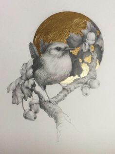 a drawing of a bird sitting on a branch with leaves and flowers around it's neck