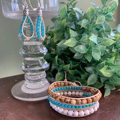 "These are fun unique beaded turquoise hoop earrings that will be a great addition to your wardrobe accessories. These are a must have for summer. These earrings go beautifully with a matching bracelet available in my shop. You can find that bracelet by following this link. https://etsy.me/2FMULjm They are made with 4mm turquoise magnesite beads carefully strung onto 1.5mm natural leather cord. The fishhook ear wires are antique silver plated copper. They measure 2 1/2\" in length." Trendy Turquoise Round Bead Jewelry, Trendy Turquoise Round Beads Jewelry, Handmade Casual Hoop Jewelry, Trendy Adjustable Jewelry With Dangling Beads, Bohemian Turquoise Hoop Earrings With Natural Stones, Turquoise Jewelry With Colorful Beads, Summer Fashion Accessory Jewelry With Round Beads, Trendy Turquoise Hoop Earrings As Gift, Trendy Turquoise Beaded Earrings