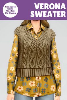 a woman wearing a sweater with flowers on it and the words, veronia sweater