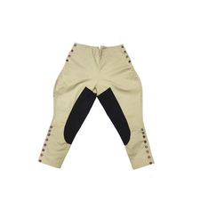 a pair of pants with black and beige trims on the bottom, side view