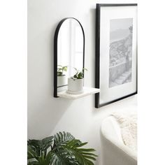 a mirror hanging on the wall next to a potted plant in a white room