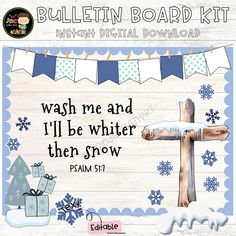 the bulletin board kit includes an image of a cross and snowflakes