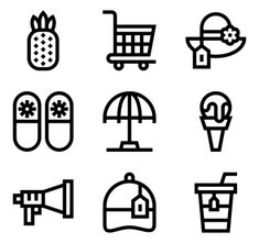 black and white icons depicting different types of items in the form of an umbrella, sun hat