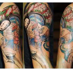 tattoos on the arms and legs of people with different designs, including an image of a man