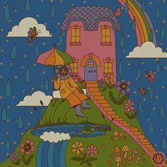 a drawing of a house with a rainbow in the background and rain falling down on it