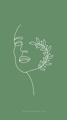 a line drawing of a woman's face with leaves on her forehead and eyes closed