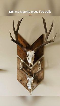 two deer heads mounted to the side of a wall