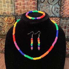 Pride Jewelry Set. Necklace, Earrings & Bracelet. Rainbow Heishi Beads With Silver Spacer Beads. Handmade Jewelry. Pride Beaded Jewelry, Rainbow Heishi Beads For Jewelry Making, Pride Ally, Pride Jewelry, Pride Jewellery, Bracelet Inspo, Bracelet Rainbow, Set Necklace, Beads Handmade