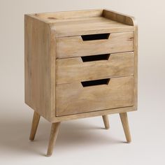 a small wooden drawer with three drawers on one side and two legs in the other