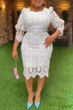 Lasaky - Chic Plus Size U-Neck Wrapped Skirt Dress with Belt - Casual Solid Design Dresses With Belts Casual, Lace Dress For Women, Light Pink Lace Dress, Nigerian Lace Styles Dress, Plus Size Long Dresses, African Attire Dresses, Nigerian Lace Styles, Wrapped Skirt, Chic Plus Size