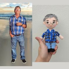 a hand holding a small doll next to a photo of an older man on the beach