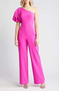 A shoulder-baring neckline and fluttery puff sleeve frame a party-ready jumpsuit cut from comfortable stretch crepe. 61" length; 31" inseam; 24" leg opening (size 8) Hidden side-zip closure One-shoulder neck Single short sleeve Partially lined 88% polyester, 12% spandex Dry clean Imported Pageant Interview Outfit Teen, Interview Outfit Teen, Pageant Jumpsuit, Business Jumpsuit, Pageant Interview Outfit, Spring Jumpsuits, Pageant Interview, Coverall Jumpsuit, One Shoulder Jumpsuit