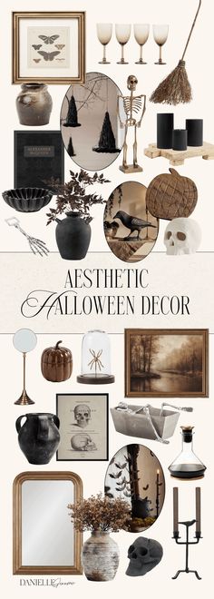 an assortment of halloween decor in black and white