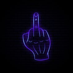 a hand making the middle finger sign on a dark brick wall with neon blue lighting