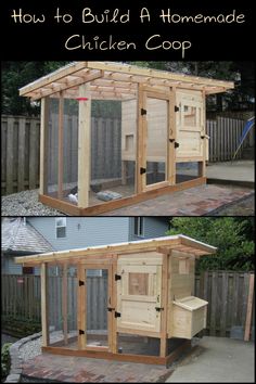 the chicken coop is made out of wood and has two separate sections for chickens to sit inside