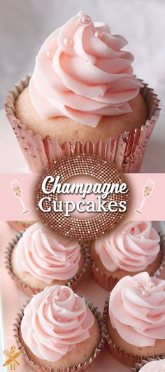 cupcakes with pink frosting on top and the words champagne cupcakes above them