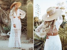 a woman in a white dress and hat standing next to a cactus tree with her hands on her hips