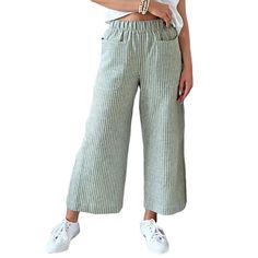 Light Green Hemp Cotton Straight Leg Casual Pants Casual High-waisted Capris For Spring, Green Relaxed Fit Capris For Spring, Wide-leg Capris With Pockets For Spring, Summer High-waisted Relaxed Fit Capris, Spring Wide-leg Capris With Pockets, Relaxed Fit Wide-leg Spring Capris, Spring Wide-leg Relaxed Fit Capris, Casual Wide-leg Capris For Spring, Bottoms Pants