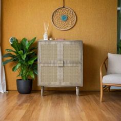 a living room with two chairs and a plant in the corner on top of a wooden floor