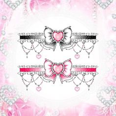 two bows with hearts on them and pearls around the edges in pink, black and white