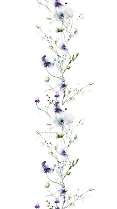 watercolor painting of purple and white flowers with green leaves on the bottom right corner