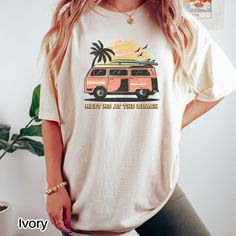 If you're looking for the perfect summer shirt, then you've come to the right place! This shirt features a beach sunset with a vintage-inspired van design.  Size up one size for an oversized look, and size up two sizes for the t-shirt dress look.  Refer to the sizing picture for more details on measurements. Comfort Colors introduces its garment-dyed t-shirt; a fully customizable tee made 100% with ring-spun cotton. The soft-washed, garment-dyed fabric brings extra coziness to your wardrobe whil Hippie T Shirt, Hippie T Shirts, Look Plus, Christian Shirts, Looks Vintage, Green Fashion, Tshirt Colors, Comfort Colors, Womens Tees