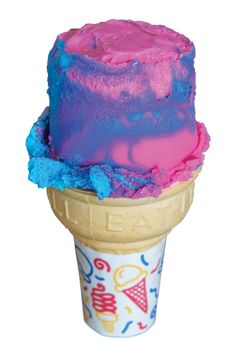 an ice cream cone with pink and blue icing