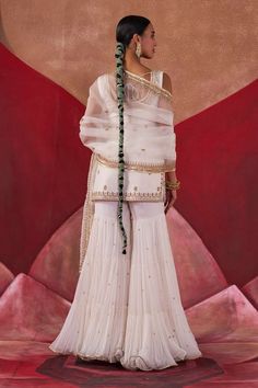 Off-white kurta featuring golden sequin, bead, dori and aari embroidery. Paired with a gharara and an embroidered hem sheer dupatta. - Aza Fashions Sheer Dupatta, Kurta Patterns, Embroidered Hem, White Kurta, Aari Embroidery, Dupion Silk, Straight Kurta, Beaded Neckline, Embroidered Silk