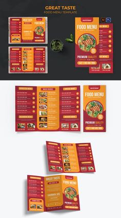 an orange and red restaurant menu is shown on the front, back and side of it