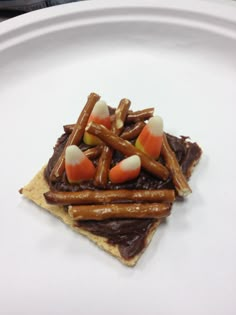 a white plate topped with chocolate and pretzels on top of graham crackers