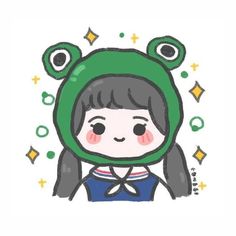 a drawing of a girl wearing a frog hat