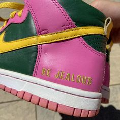 🤍Nike Dunk Hi🤍

One of a kind Nike ID Dunk Highs. Pink, forest green and yellow. Super unique color combination. Embroidered writing on the back that says “BE JEALOUS”. Mesh on the toe boxes and tongue. A little bit of wear around the toe boxes, but overall in really good condition.

Please look at all photos before purchasing, and message me with any questions. All buyers should wear at their own discretion.

Size 4.5 mens equivalent to a size 6 in women’s!

💌Bundles get free shipping💌
🦋US ONLY🦋 Embroidered Writing, Pink Forest, Nike Id, Unique Color Combinations, Green And Yellow, Nike Dunk, Nike Dunks, Color Combination, Women's Sneakers