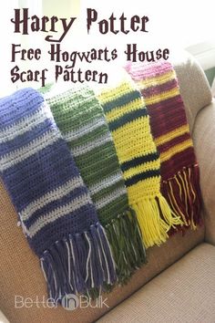 the harry potter crocheted scarf pattern is displayed on a couch