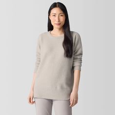 Blissfully soft. A long crew neck top with ribbed details, in a luxe and textural blend of cashmere and silk. Cashmere Crew Neck Knit Top For Layering, Cashmere Crew Neck Knit Top For Work, Cashmere Knit Top For Work, Elegant Crew Neck Knit Top With Ribbed Cuffs, Elegant Knit Top With Ribbed Cuffs And Crew Neck, Crew Neck Cashmere Knit Top For Workwear, Elegant Crew Neck Sweater For Loungewear, Modern Crew Neck Knit Top For Fall, Modern Knit Top With Crew Neck For Fall