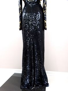 "This is a STUNNING vintage gown from couture designer, Stephen Yearick! It is heavily and fully embellished with sequins, glass beading and crystal rhinestones.. the details are ABSOLUTELY AMAZING It's in PERFECT condition! Measurements: Bust - 32/34\" Waist - 26/28\" Hips - 36/38\" Length - 60\" in the front / 63\" in the back All of my items come from a smoke-free home. If you would like more info or have any questions, please don't hesitate to ask!" Luxury Embellished Evening Dress For Festive Occasions, Luxury Embellished Festive Evening Dress, Holiday Evening Gown With Contrast Sequin, Floor-length Embellished Sequin Dress For Gala, Contrast Sequin Gala Gown, Evening Fitted Sequin Fabric With Rhinestones, Evening Gown With Contrast Sequin For Formal Events, Full-length Embellished Evening Dress For Party, Evening Gown With Contrast Sequins For Formal Occasions