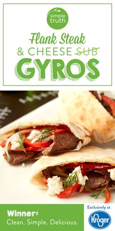 a close up of a sandwich on a plate with the words thank steak and cheese gyros