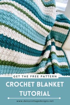 crochet blanket with text overlay that reads get the free pattern, crochet blanket