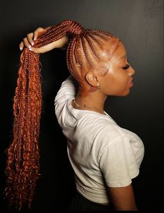 French Braided Ponytail Hairstyles, Medium Feed In Ponytail, Braided Ponytail Hairstyles Black Women With Color, Ginger Scalp Braids, Small Feedin Ponytail Hairstyles, Feedin Ponytail Hairstyles, Boho Stitch Braids Ponytail, Braided Ponytail Designs, Boho Stitch Braid Ponytail