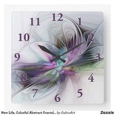 a square clock with purple and green designs on it's face is featured in this image