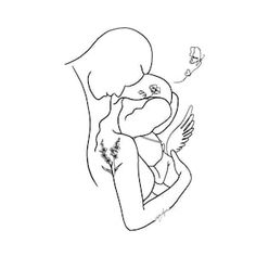 a black and white drawing of a woman holding a baby