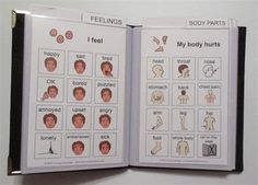 an open book with pictures of body parts and words on the front cover that say feelings