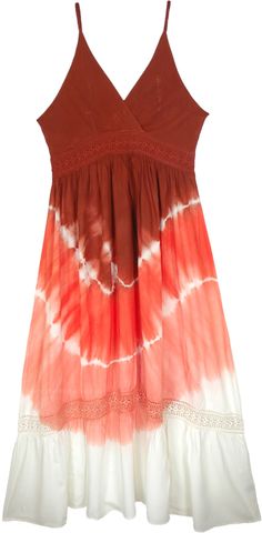 A fun and flowy sleeveless rayon maxi dress with shoulder straps, a beautiful tie-dye effect, an overlapping V-shaped neckline and lace details - all that you can ask for in an exotic summer dress.  This beautiful maxi dress flows effortlessly and gracefully. #tlb #Sleeveless #Lace #vacationclothing #beachwrap #TieDye #SummerMaxiDress #Rayonmaxidress #Tiedyeddress Flowy Rayon Maxi Dress For Summer, Flowy Sundress For Summer, Flowy Summer Sundress, Summer A-line Maxi Dress With Lace Trim, Flowy Sleeveless Sundress For Vacation, Bohemian Maxi Dress With Spaghetti Straps And Lace Trim, Summer Sleeveless Dress With Flowy Skirt, Flowy Sleeveless Summer Dress, Flowy Halter Neck Summer Dress