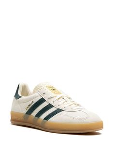 Find ADIDAS Gazelle Indoor Suede Sneakers on Editorialist. cream white/collegiate green calf suede logo-print tongue logo print to the side signature 3-Stripes logo contrasting heel counter front lace-up fastening round toe branded leather insole flat rubber sole Adidas Gazelle Indoor, Mode Shoes, Basket Sport, Fashion Things, Liam Gallagher, Green Sneakers, Fall Fits, School Fits, Sneaker Wedge